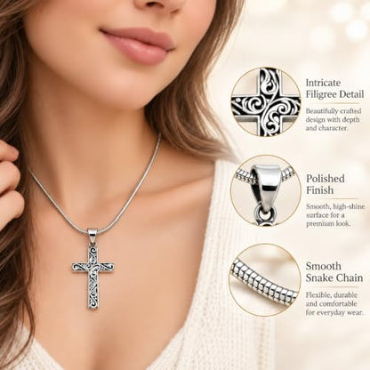 14K Gold Plated & Sterling Silver Filigree Celtic Cut Out Cross, Tree of Life Pendant For Womens, Chain Necklace 18 Inch - color: Silver Filigree Cross