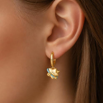 925 Sterling Silver Cute Animal Unique Huggie Hoop Earrings for Women - color: Gold Smiley Star