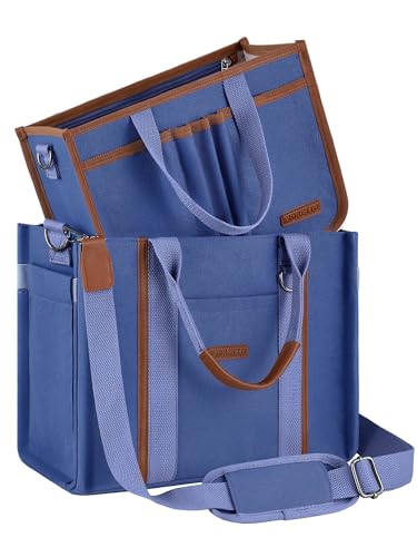 FIORETTO Women’s Canvas Tote Bag Purse with Zipper, Multi Compartment & Reinforced Bottom, Ideal for Work, Bible, Travel - color: Denim Blue, size: Medium, style: Detachable Organizer