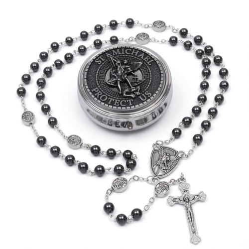 Nazareth Store St Michael Rosary Hematite Stone Beads Necklace Metal Beaded Glory Beads Archangel Medal & Cross with Metal Gift Box - color: Antique Silver | St Michael