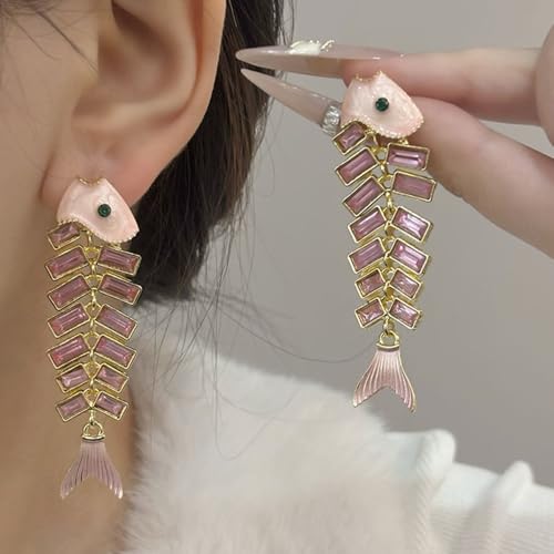 Fish Bone Earrings Drip Oil Animal Earrings Colorful Crystal Sparkly Enamel Earrings Creative Long Fishbone Earstud Dangle Fish Drop Earrings Jewelry for Women - color: Pink Fish