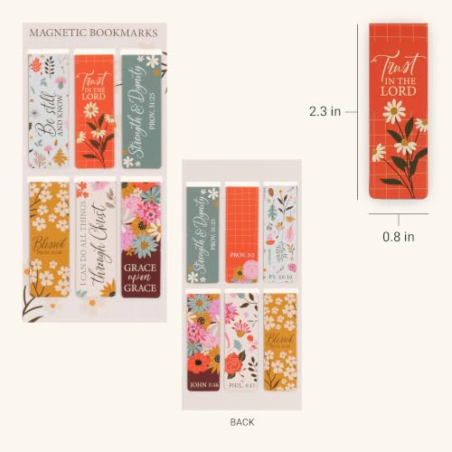 Christian Art Gifts Inspirational Magnetic Bookmark Pagemarker Set: Multicolor Floral Designs & Encouraging Bible Verse Messages, Reading, Books, 6 Piece Set