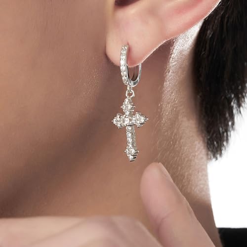 Sterling Silver Cross Drop Earrings, Cubic Zirconia Huggie Hoop, Religious Dangle Crystal Jewelry ER110