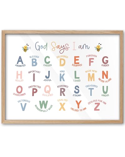 KensTro 16x12 Oak Framed Christian Alphabet Affirmation Wall Art - color: Alphabet Affirmation ABC-Framed, size: 16"L x 12"W