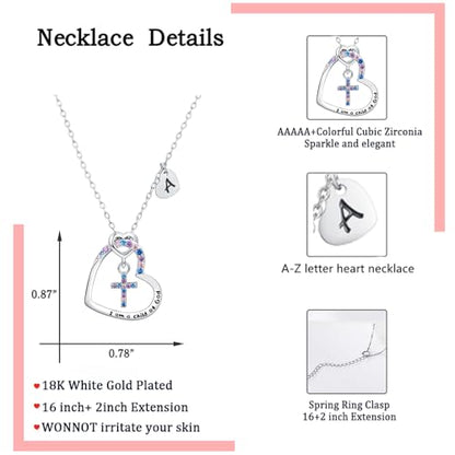 Cross Necklace for Girls | I am a child of God Necklace for Girls | Heart Letter initial | 18K White Gold Plated Pendant Jewelry First Communion Baptism Gifts Christmas Birthday Gifts for Girl Women - color: C