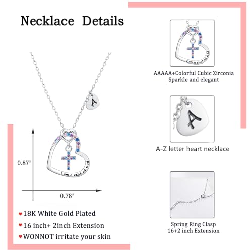 Cross Necklace for Girls | I am a child of God Necklace for Girls | Heart Letter initial | 18K White Gold Plated Pendant Jewelry First Communion Baptism Gifts Christmas Birthday Gifts for Girl Women - color: I