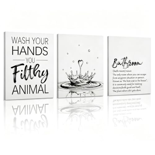BAEMEFLE 3pcs Black and White Bathroom Canvas Wall Art, Minimalist Water Splash & Funny Quote Prints, Modern Restroom Decor Ready To Hang for Kid's Washroom (BATHROOM, 16" L x 12" W) - color: BATHROOM, size: 16"L x 12"W