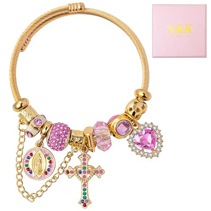 A&K Collections Mothers Day 18K Gold Beads Easter Basket Stuffers Bangle with Rhinestones Pandora Style Trendy Cross Heart Charm Luxury Adjustable Bracelet for Women Teen Girl Gifts Trendy Stuff Religious Jewelry - color: 18K GOLD/Pink Charms