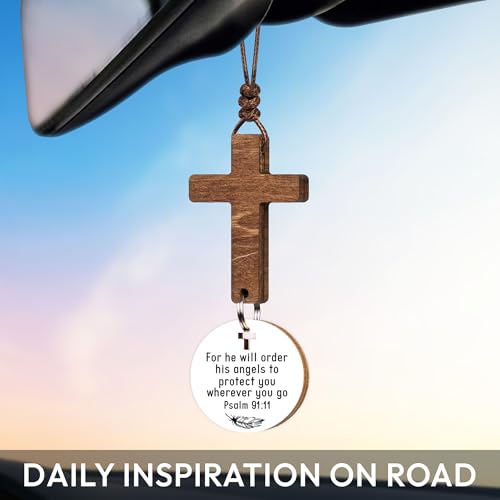 Christian Gifts for Men, Daily Bible Verse Cross for Car Mirror Hanging - color: Psalm 91:11 (White)
