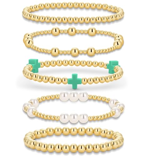 Gold Beaded Pearl Cross Bracelets Stackable Christian Stretch Jewelry Set - color: Green