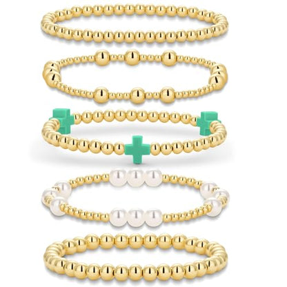 Gold Beaded Pearl Cross Bracelets Stackable Christian Stretch Jewelry Set - color: Green