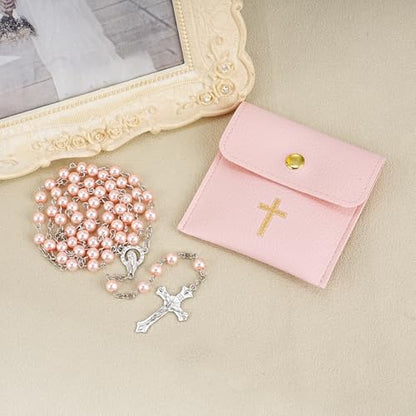 Rosary Beads Catholic, Rosary Necklace with Leather Pouch with Magnetic Top Bag for Men and Women Christian Gifts - color: Pink B