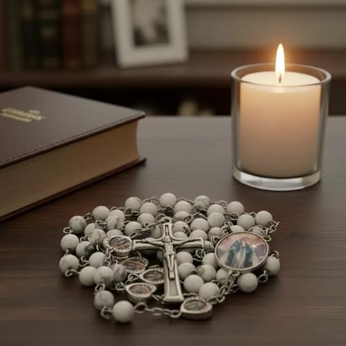 Nazareth Store Natural Stone Beads with Miraculous Epoxy Heart Metal Beads Rosary Necklace Gemstone Christian Gifts - color: Howlite