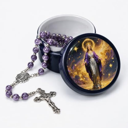 8mm Glass Pearl Rosary - Catholic Necklace for Men and Women Comes in a Metal Gift Box, First Communion Rosary Necklace as Gifts - color: Purple