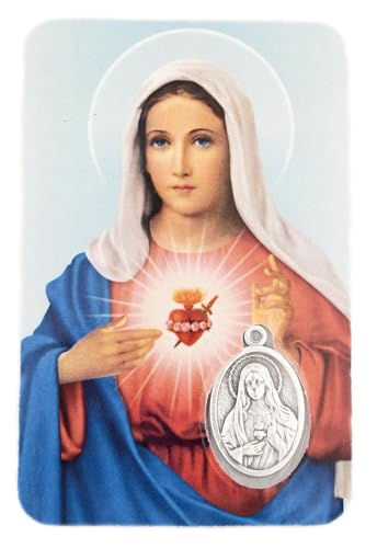 VILLAGE GIFT IMPORTERS Holy Prayer Card with Built-In Medal Pendant | Laminated Full-Color Prayer Card | Great Variety (Sacred Heart and Immaculate Heart Prayer Card with Medal) - color: Sacred Heart and Immaculate Heart Prayer Card with Medal