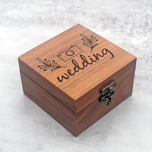 Handmade Walnut Wood Wedding Keepsake Box – 3.7"x3.7"x2.17" Jewelry Storage Gift Box with Engraved Camera & Floral Design – Ideal for Rings, Watches – Perfect for Wedding, Birthday, Christmas