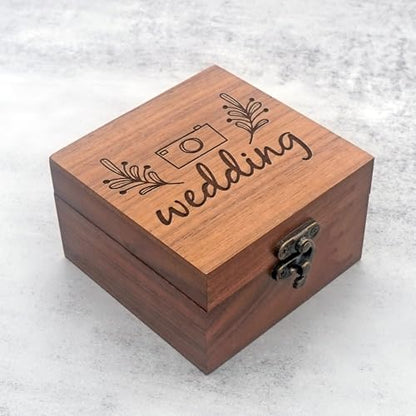Handmade Walnut Wood Wedding Keepsake Box – 3.7"x3.7"x2.17" Jewelry Storage Gift Box with Engraved Camera & Floral Design – Ideal for Rings, Watches – Perfect for Wedding, Birthday, Christmas