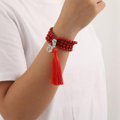 INBLUE 108 Mala Prayer Beads Wrap Necklace with Long Tassel Boho Necklace for Women Amazonite Bead Bracelet with Spiritual Tree of Life Pendant 108 Beads Necklace for Meditation - color: Natural Red Turquoise