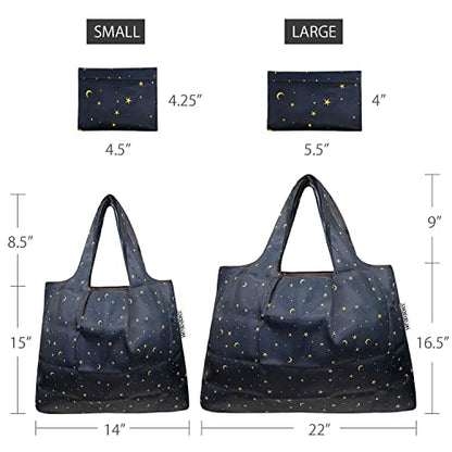 allydrew Large Foldable Tote Nylon Reusable Grocery Bags - color: Set of 2, Moon & Stars, size: Large & Small (Set of 2)