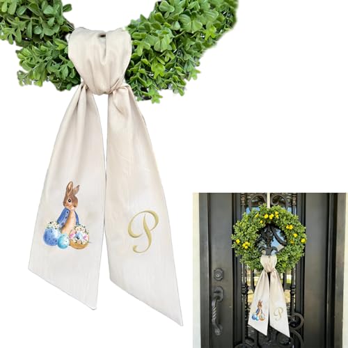 Rabbit Easter Wreath Bow Custom Embroidered Monogram Spring Bunny Wreath Sash for Front Door Hand Tailored Easter Decorations Spring Bows for Wreaths (P) - color: P