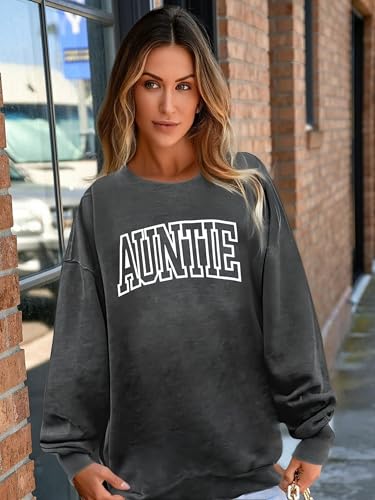 Womens Auntie Sweatshirt Auntie Letter Print Crewneck Long Sleeve Pullover Top Women Embroidered Sweatshirt - color: Darkgrey, size: XX-Large