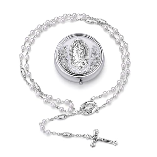 Guadalupe Rosary Beads for Women with Metal Box and 18pcs Holy - color: White
