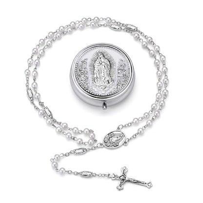 Guadalupe Rosary Beads for Women with Metal Box and 18pcs Holy - color: White