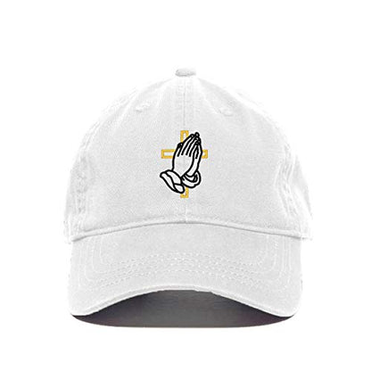 Praying Hands with Cross Baseball Cap Embroidered Cotton Adjustable Dad Hat - color: White