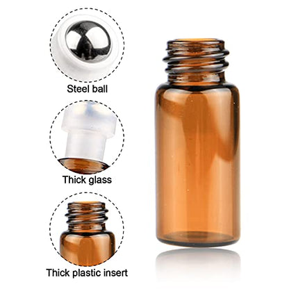 Wresty 25 Pcs Essential Oil Glass Roller Bottles Mini Tiny Refillable Empty Aromatherapy Perfume Liquid Amber Glass Roll On Bottles Vials Metal Rollerball Bottles Jar (1ml)