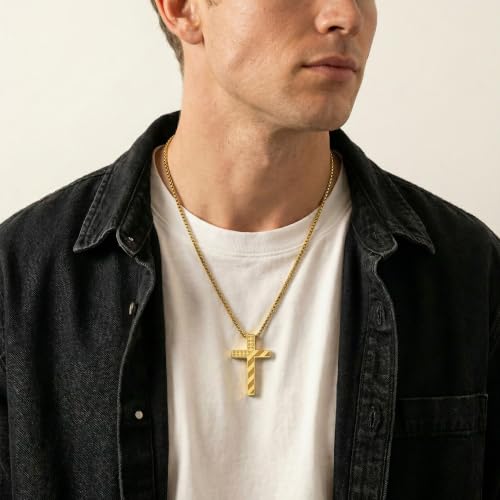 Cross Necklace for Men Black Gold Silver American Flag Pendant Chain Bible Verse Stainless Steel Necklaces Mens Stocking Stuffers for Christmas Christian Gifts - color: gold, style: 4:23-