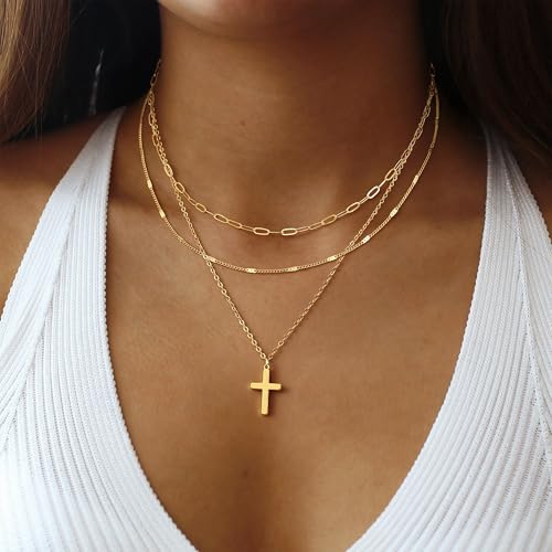 Cross Necklace for Women 14K Gold Silver Plated Small Cross Necklace Dainty Cross Pendant Choker Simple Trendy Cute Sideway Cross Charm Chain Necklaces for Women Trendy Christian Baptism Religious Faith Jewelry Gifts - size: Gold-114