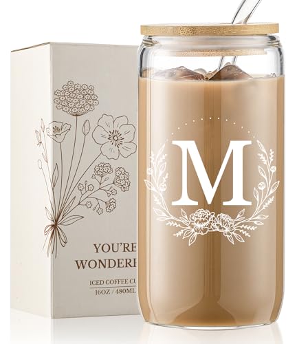 Personalized Wedding Bride to be Gifts for Women, Monogrammed 16oz Glass Cups with Bamboo Lids and Straws, Customized Glass Tumbler, Cute Custom Mug, Customizable Initial Iced Coffee Glasses, M - style: M