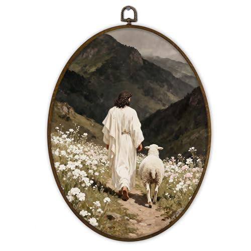 Gnmduw Easter Christian Jesus and Lamb Oval Wall Art Framed, Easter Jesus Walking with Lamb Canvas Prints Hanging Decor, Vintage Christian Religious Wall Decor for Bedroom Living Room, 8.7x11.3 Inch - color: christ3, size: 11.3"L x 8.7"W