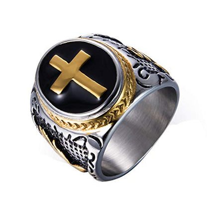 JAJAFOOK Men's Silver-Tone Stainless Steel Cross Ring - color: Gold