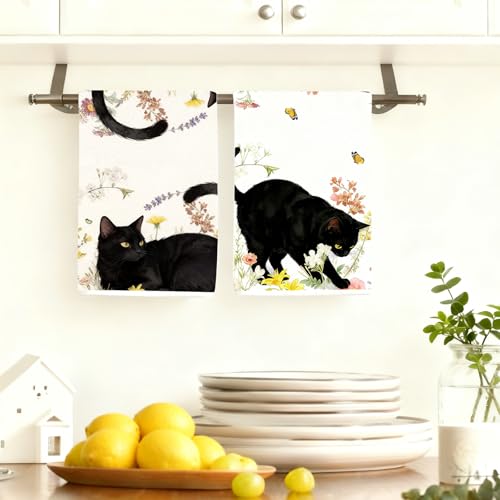 4Pcs Black Cat Floral Kitchen Towels, 16x24In Floral Dish Towels - color: Colorful Cat Floral-01