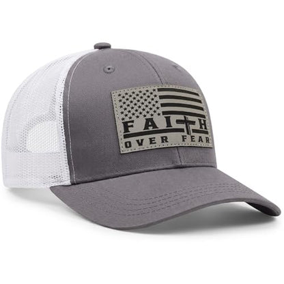 Faith Over Fear Christian Hats for Men Women, American Flag Trucker Hat, Religious Gifts for Thanksgiving Christmas - color: Grey