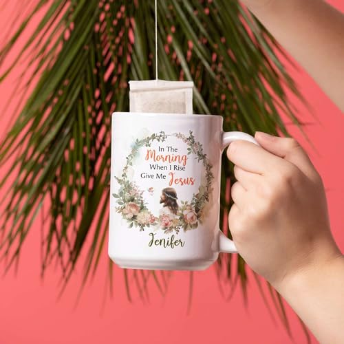 Custom Name Christian Themed Ceramic Mugs, In The Morning When I Rise Give Me Jesus Mug, Personalized Christian Faith Coffee Cup, Customized Jesus Travel Tea Cup With Wreath Design - color: XUA-324-1559-Christian Faith
