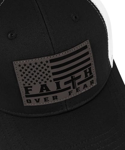 Faith Over Fear Christian Hats for Men Women, American Flag Trucker Hat, Religious Gifts for Thanksgiving Christmas - color: Black/White