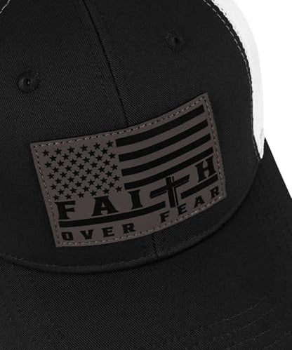 Faith Over Fear Christian Hats for Men Women, American Flag Trucker Hat, Religious Gifts for Thanksgiving Christmas - color: Black/White