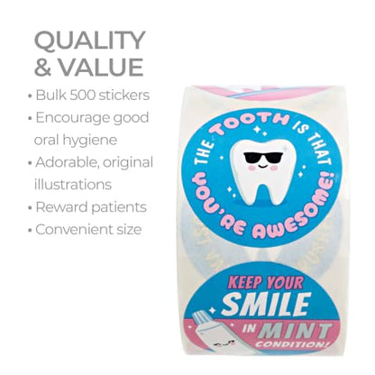 Dental 500 Reward Stickers / 1.5" Orthodontist 8 Tooth Designs Label Roll - color: Dental