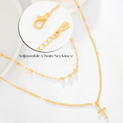 Sterling Silver Plated Cross Necklace 14K Gold Layered Beads Necklace Chain Waterproof Trendy Jewelry for Women - color: Gold