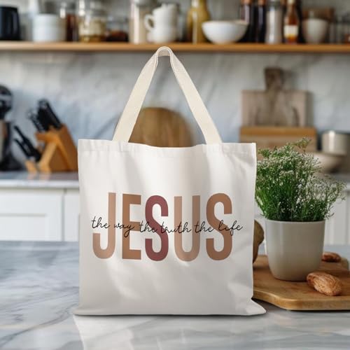 Walk by Faith Christian Canvas Tote Bags for Women, Christian Gifts for Women Faith, Bible Verse Gifts - color: Jesus