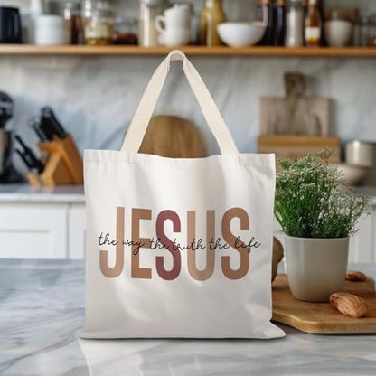 Walk by Faith Christian Canvas Tote Bags for Women, Christian Gifts for Women Faith, Bible Verse Gifts - color: Jesus