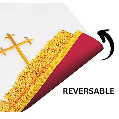Needzo Reversible Pulpit Scarf, Red and White with Gold Colored Fringe and Cross, Catholic Church Supplies, 17 x 36 Inches
