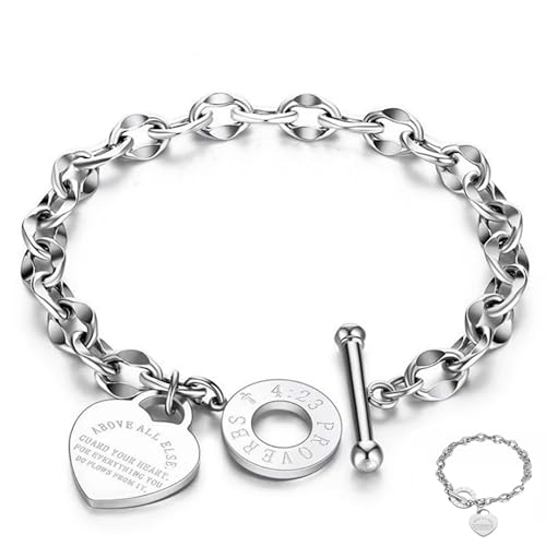 Heart Charm Bracelet Plated 18K Gold/Silver/Rose Gold Bible Scripture Heart Bracelet for Women Jewelry Gift Her Link Chain OT Clasp Stainless Steel - color: Silver（7.1 inch）