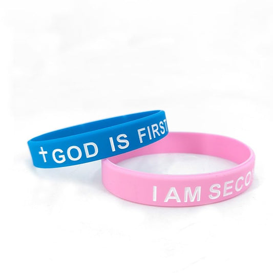 Pingyongchang GOD IS FIRST Bracelet, IM SECOND Bangles,Christian Religious Rubber Bracelet for Women Men,Inspirational Bible Verse Wristbands,Motivational Encouragement Gift - style: I Blue Pink 2