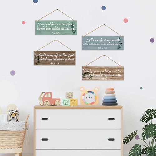 Dskly 4 Pcs Christian Wall Decor Sign, Rustic Scripture Wall Art Decor Gift, Bible Verses Wooden Hanging Plaque Sign For Farmhouse Home Living Room Bedroom Bathroom, Retro Prayer Saying Wood Sign -06