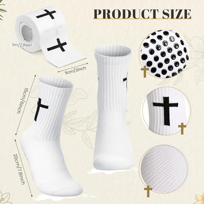 TrelaCo 2 Sets Cross Grip Socks with 2 Pcs Christian Athletic Tape Jesus Soccer Grip Socks Cotton Sports Athletic Tape Serrated Edges for Easter Gifts Football Baseball(White,Cross) - color: White