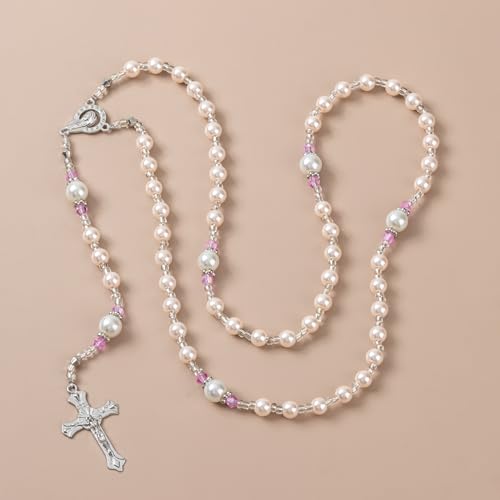 Rosary Beads Catholic for Women - Rosary Necklace Artificial Pearls, Exquisite Gifts for Women - color: Pink