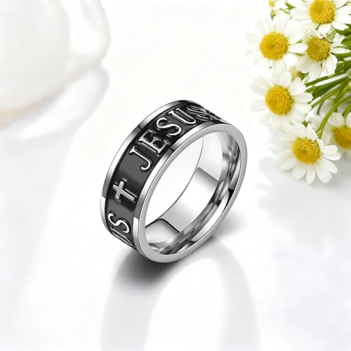 Retro Minimalist Cross Ring 8mm Stainless Steel Black Oxidation Corrosion Ring Anti Tarnish Classic Band Ring Fashion Jewelry for Men Women,Size Available - style: classic cross